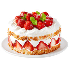 Strawberry cream cake isolated on transparent background, fresh fruit dessert bakery concept.