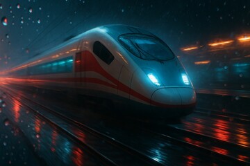 Fototapeta premium Modern Bullet Train in Motion with Neon Lights and Rain Reflections