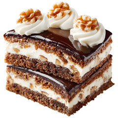 Chocolate cake slice with cream and walnuts isolated on transparent background, dessert bakery sweet concept.
