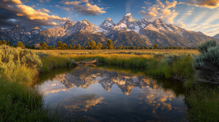 Mountain range with snow peaks reflected in a calm lake at sunset over a golden valley