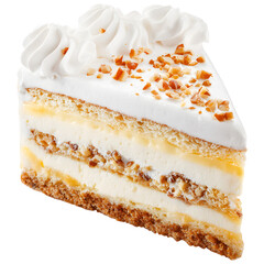 Vanilla cream cake slice isolated on transparent background, layered dessert bakery and cafe concept.