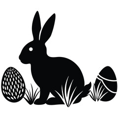 A playful bunny silhouette in grass surrounded by bright Easter eggs for a festive holiday scene