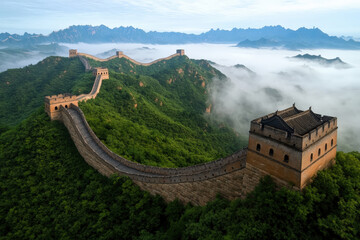 Ancient stone wall winds along green hills under mist and distant mountains