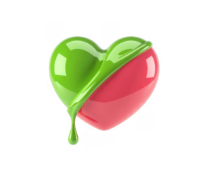 Green and pink heart with dripping paint abstract symbol isolated on a transparent background