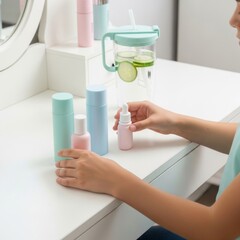 Gen Alpha holiday haul concept featuring a curated collection of pink and mint essentials displayed on a soft, textured surface.