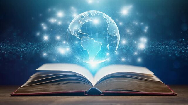 Open book with a glowing globe above, symbolizing knowledge, education, and global connection