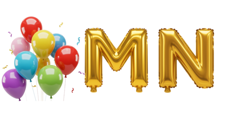 gold balloons and colorful balloons with confetti isolated on white background