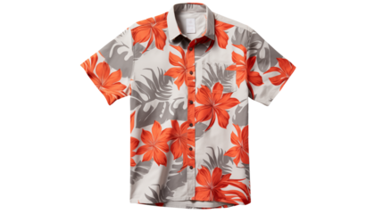 Vibrant tropical shirt with orange flowers and gray leaves