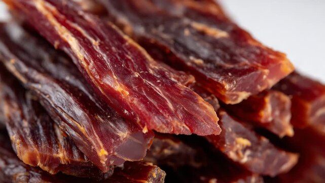 Close-up of dried meat slices arranged neatly on a clean white background, showing deep red tones, textured fibers, and delicate marbling with crisp edges.