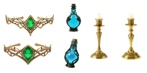 Fantasy jewelry and potion bottles with candlesticks