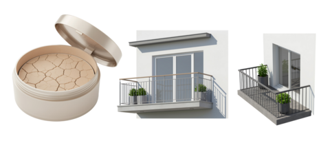 cosmetic powder and building balconies with railings