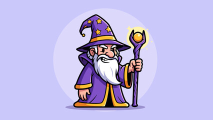 Naklejka premium Cartoon Wizard with Staff and Pointed Hat Illustration.