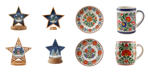 collection of ceramic plates and cups with floral patterns and star shaped snow globes