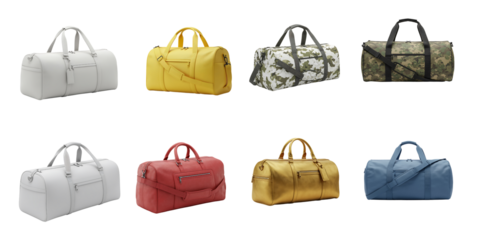 collection of colorful duffel bags on white background