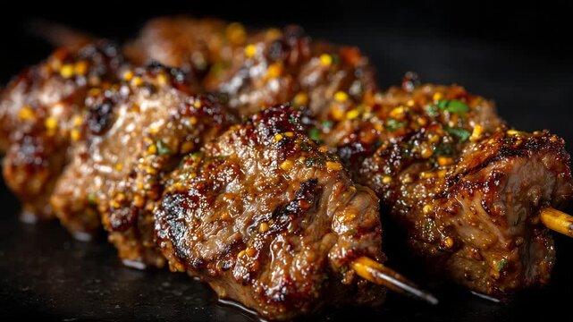 Close-up of skewers with perfectly roasted meat pieces, visible spice crust, char speckles, and glistening fat, framed dramatically by an obsidian-black background.