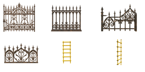 ornamental iron gates and ladders on white background