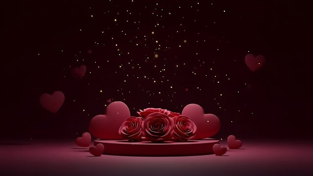 3d render of red roses and hearts on a circular podium under falling golden particle glitter on a dark burgundy background