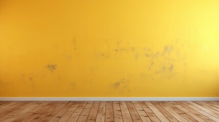 A vibrant yellow wall with a slightly distressed texture above polished wooden flooring creates a bright, inviting space.