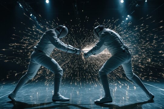 Fencing duel on stage as two fencers clash in sparks and high-energy dramatic performance