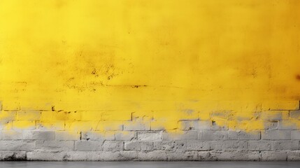 A textured yellow wall with a white brick base, showcasing a vibrant yet weathered appearance, ideal for backgrounds or artistic projects.
