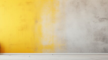 A modern interior featuring a gradient wall blending yellow and gray tones, complemented by a light wooden floor.