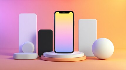 Smartphone display mockup on geometric platforms