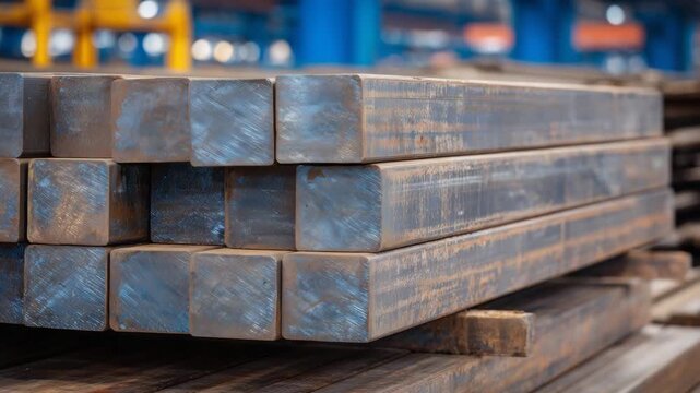 Detailed close-up of stacked square steel pipes, uniform size and sharp edges emphasized, industrial textures enhanced by directional lighting and slight reflections.