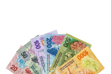 Argentine money. Paper banknotes, Argentinian peso bills arranged in a fan on a transparent background. obverse with animals.  Financial business concept. Flat lay,  Close up