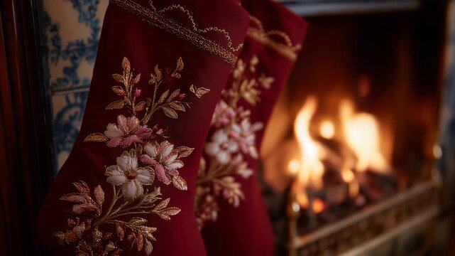 Detailed shot of holiday stockings, crimson material catching the firelight, ornate stitching and patterns visible, evoking warmth and festive cheer.