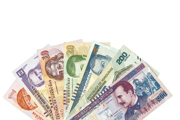 Honduras money. Paper banknotes, Hondurian lempiras bills arranged in a fan on a transparent background.  Financial business concept. Flat lay, copy space. Close up