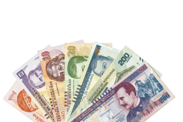 Honduras money. Paper banknotes, Hondurian lempiras bills arranged in a fan on a transparent background.  Financial business concept. Flat lay, copy space. Close up