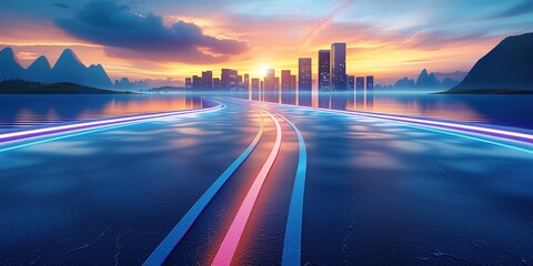 Obraz premium Futuristic cityscape with neon lights on a winding road at sunset