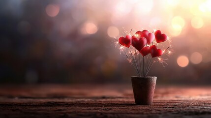 Heart-shaped Balloons in a Pot with Sparkles on a Blurred Background