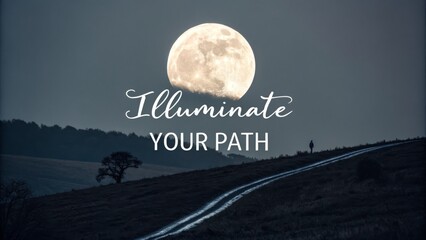 A bright moon illuminates a path, guiding a distant person.