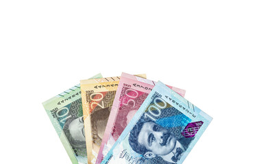 Peru money. Paper banknotes, Peruvian sol bills arranged in a fan on a transparent background.  Financial business concept. Flat lay, copy space. Close up