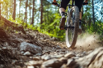 Naklejka premium Rugged mountain bike rider on rocky forest trail in motion under sunlit trees