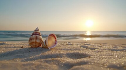 Seashells on Sand with Sunrise Over Ocean Waves in Tranquil Beach Scene