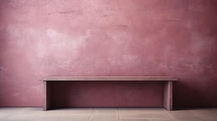 A minimalist interior featuring a smooth pink wall and a simple wooden bench, creating a tranquil and modern aesthetic.
