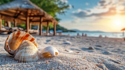 Beautiful Seashells on Sandy Beach During Sunset with Soft Light