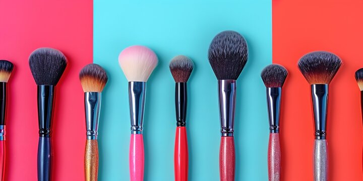 Makeup Brushes on Colorful Background for Beauty and Cosmetics