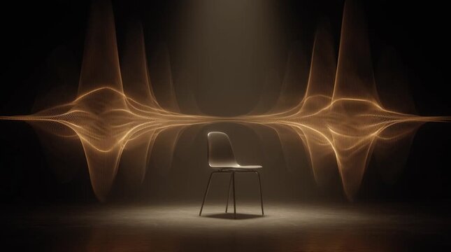 Minimal high-tech chair surrounded by vertical glowing energy waves, visualizing resonance and advanced diagnostics in a clean, futuristic aesthetic with calm precision.
