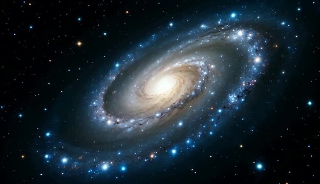 Spiral galaxy with vibrant blue stars and a bright central core in deep space with numerous celestial objects