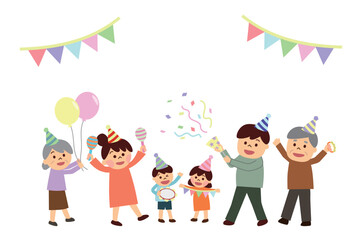 お祝いしている三世代家族