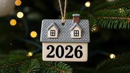 Ceramic house ornament dated 2026 hanging on a festive Christmas tree with bokeh lights