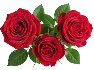 Beautiful red roses with water droplets on white background