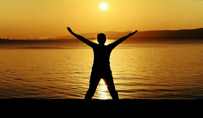Person Enjoying Freedom At Sunset By The Sea at Sunset