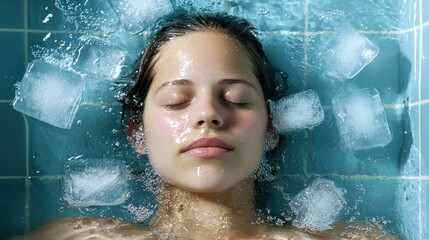 Serene Woman Relaxing in Ice Water Bath with Ice Cubes Floating