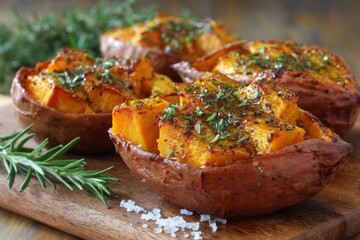 Baked sweet potato halves topped with aromatic rosemary and thyme, resting on a wooden board