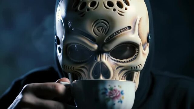 Skull Masked Figure Enjoying Coffee, Mysterious Dark Scene