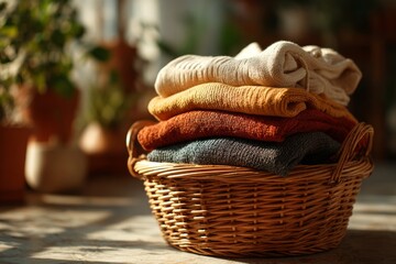 Obraz premium Stacked warm knitwear in a woven basket creating a cozy household scene